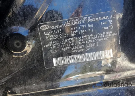 2013 Hyundai Elantra Gls from USA, damaged, VIN 5NPDH4AE4DH309457